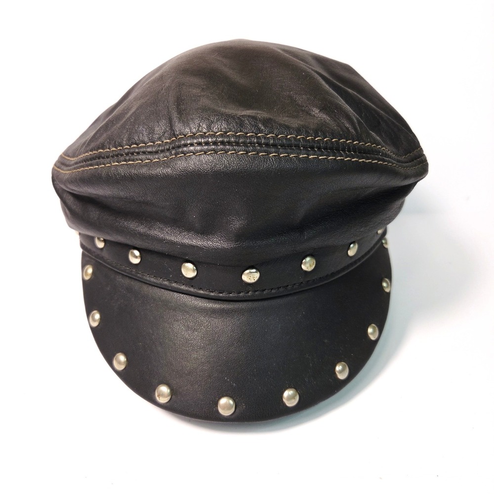 Vtg Leather Henschel Brando Biker Cap Studded Rivets Motorcycle Made In USA XL